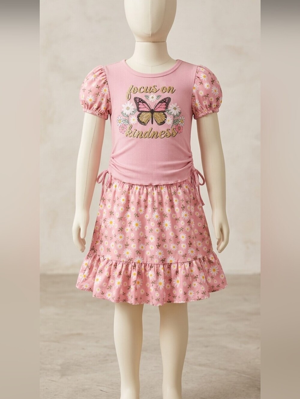 Girls' Pink 'Focus on Kindness' Butterfly Floral Casual Dress